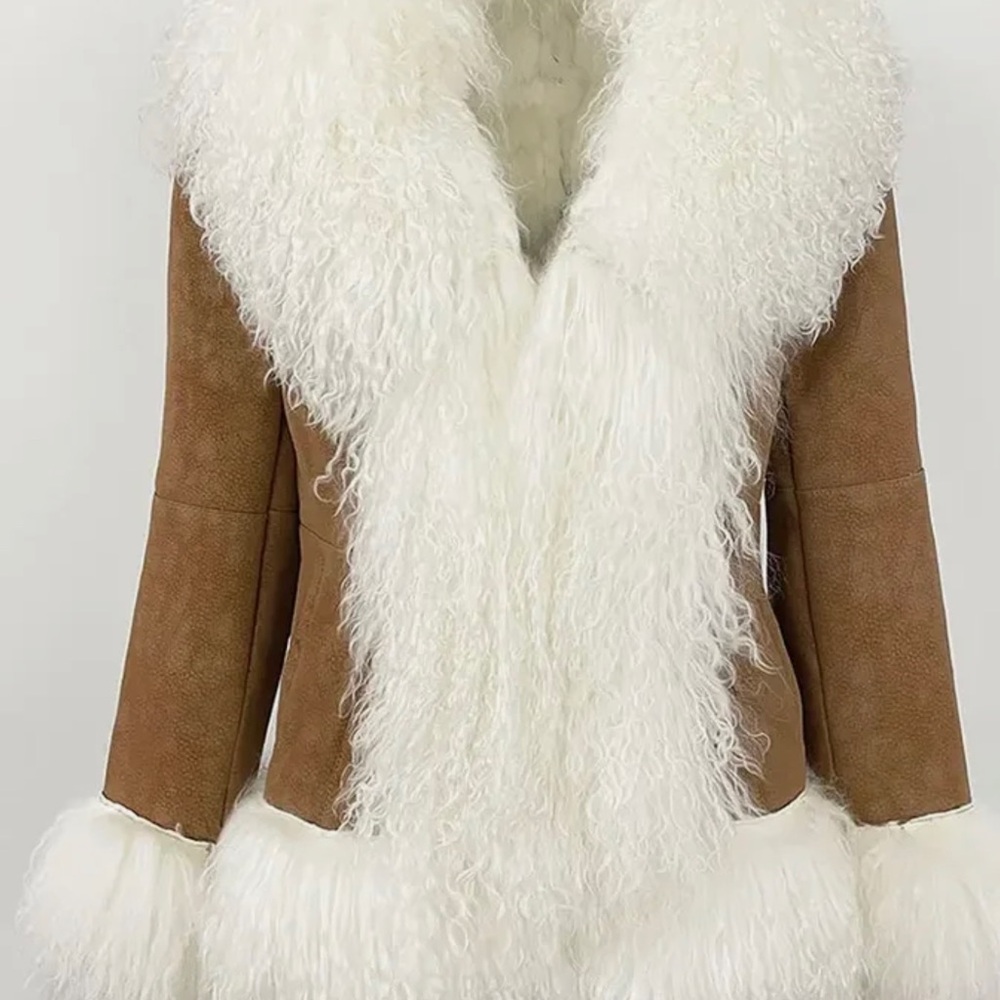 Luxurious Brown & Off White Mongolian Fur Penny Lane Retro 70s Jacket Coat - Picture 3 of 10